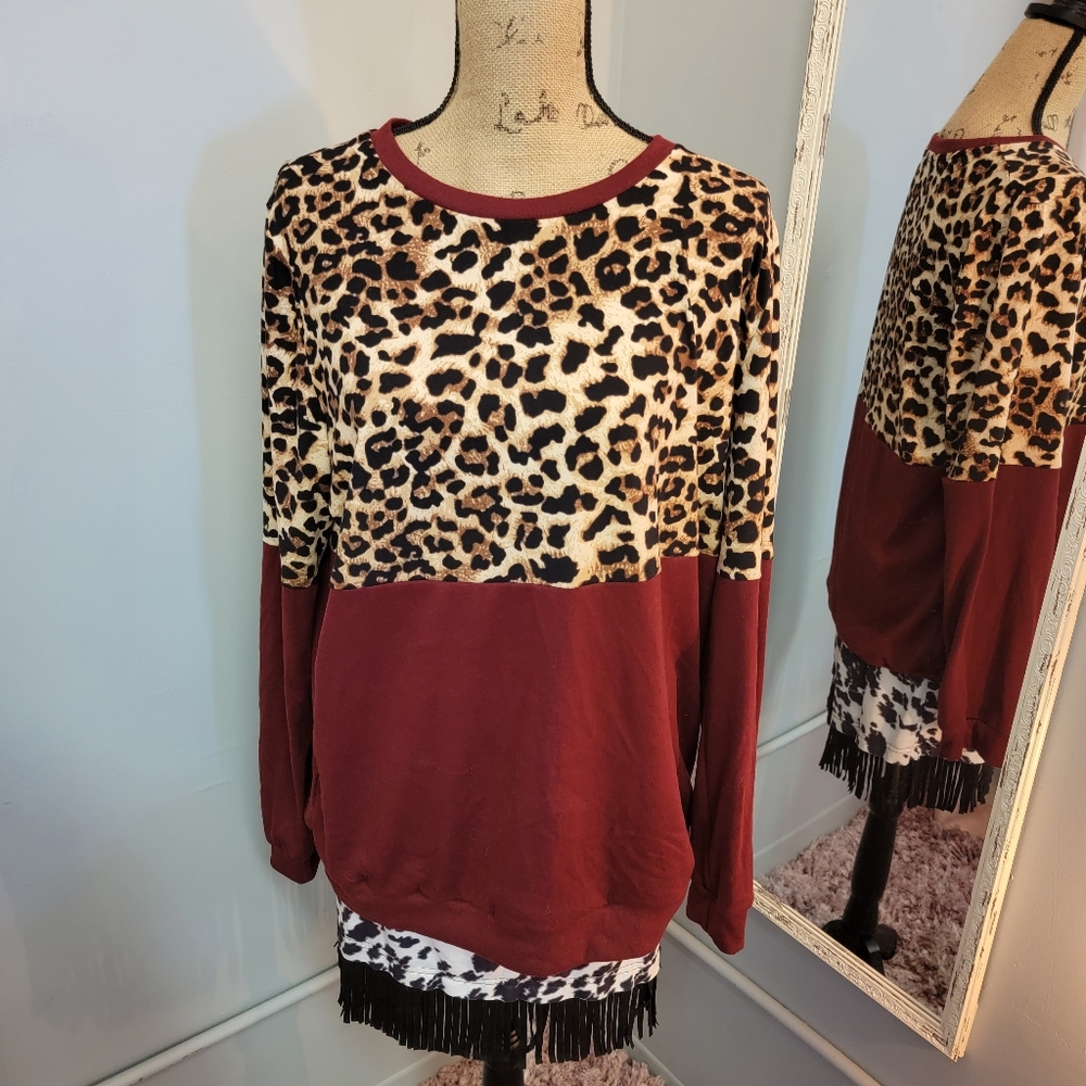 2XL Wine Leopard color block Long sleeved top